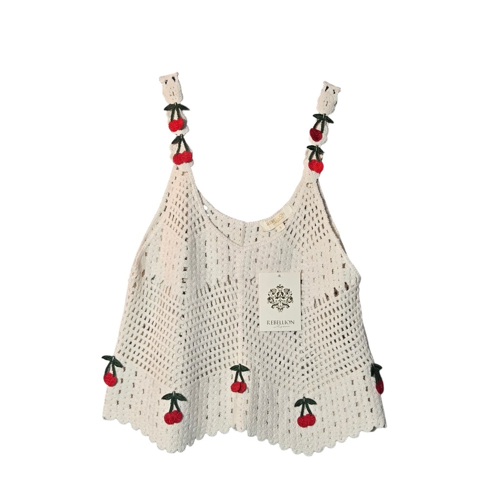 Rebellion Again Crochet Knit Cherry Applique Cami S Coastal Boho Summer NWT